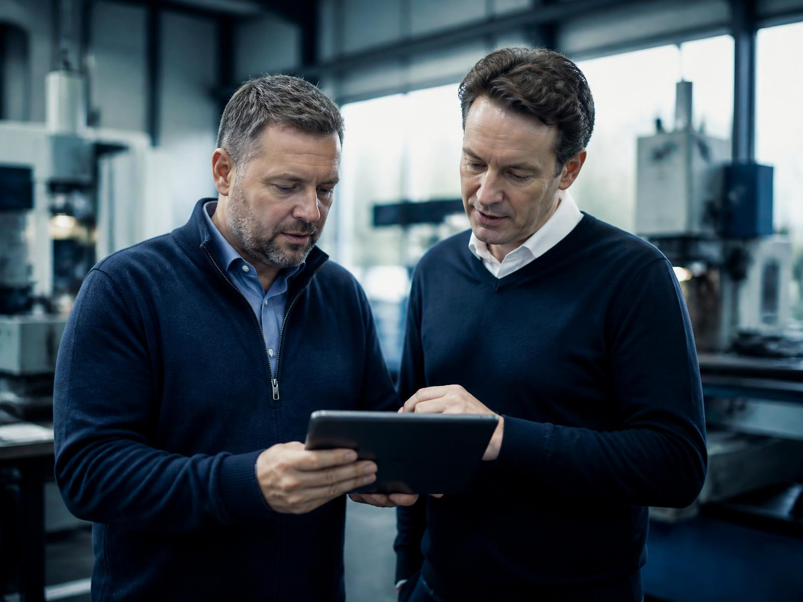 Two founders of a regional UK engineering business reviewing plans on a tablet in their workshop